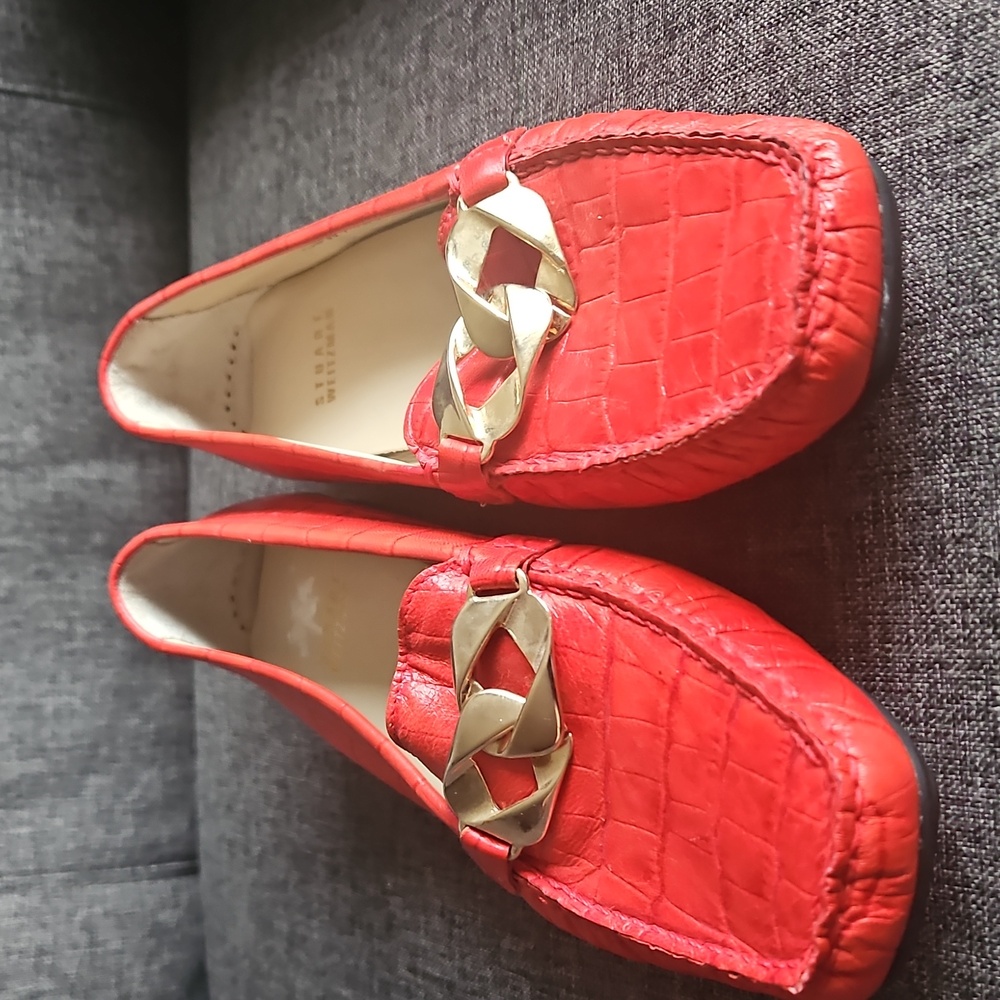 Red Stuart Weitzman patent Cocodrile  leather loafers With Gold  Trim - Picture 2 of 9